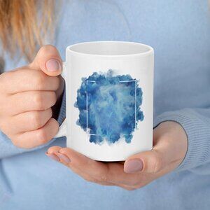 White Ceramic Mug with Blue Abstract Watercolor Design
